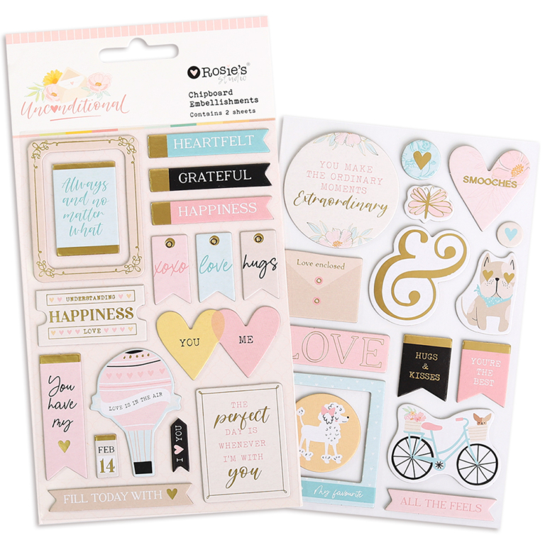 Unconditional Chipboard Embellishments 2 sheets Rosie's Studio