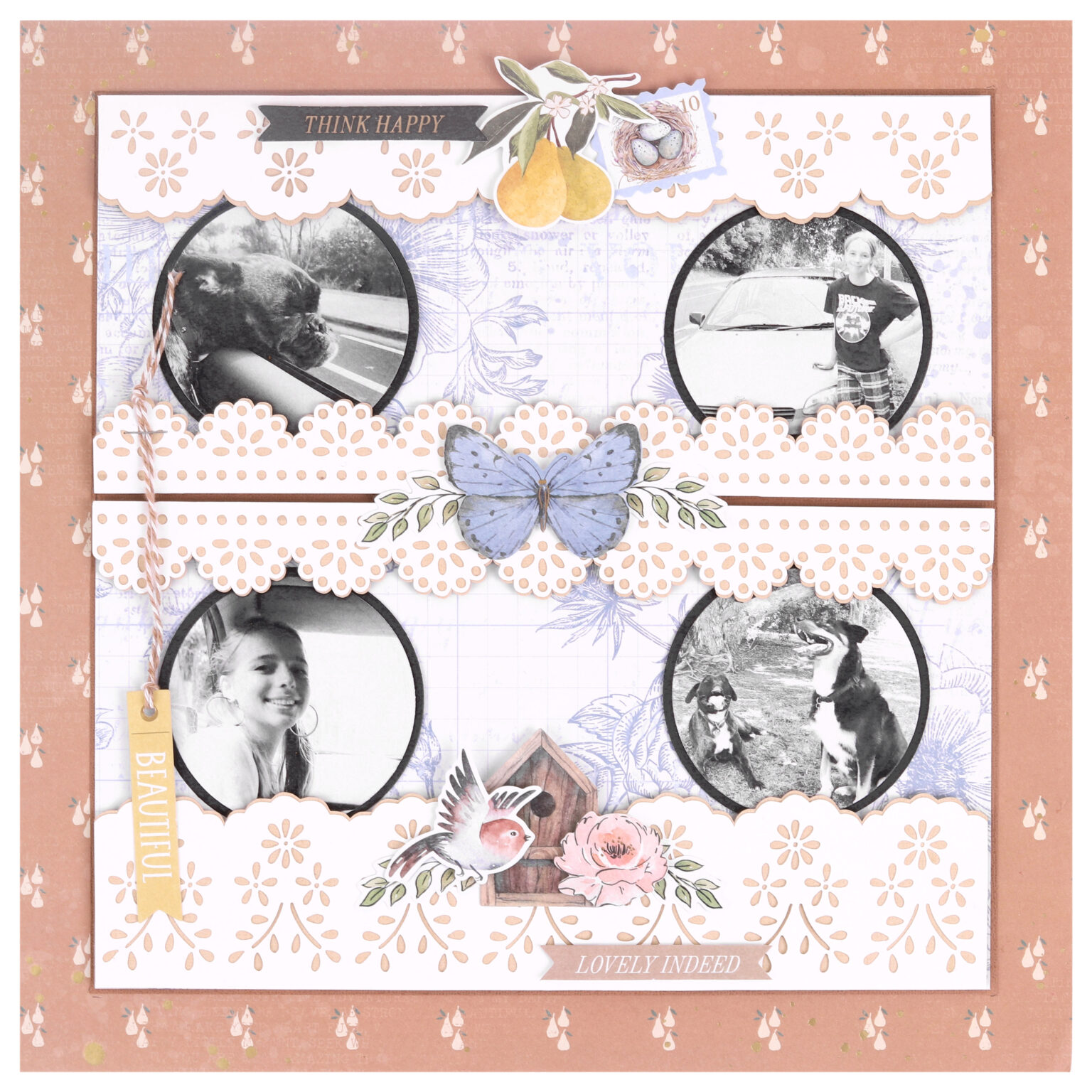 Wildwood 12x12 scrapbook layout using a brodierie anglaise lace cut file.