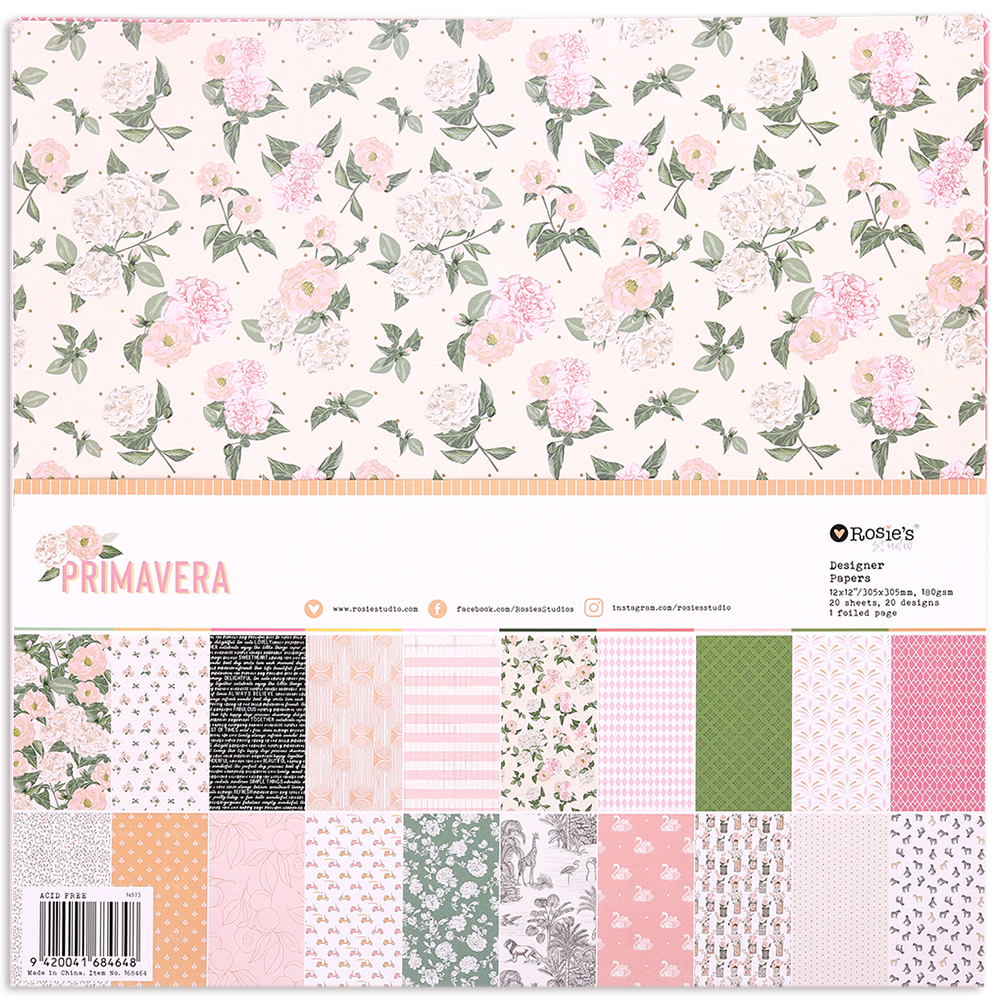 12 x 12 designer papers with stunning patterns, toile, ditsy florals large bold florals, geometric, art nouveau, ledger papers, arts and crafts , zebra, lion giraffe, roses, ponies, camellias, circus, florals, leaves, vintage, scrapbooking and paper-craft embellishments, pretty colours, bright and fun, from Primavera by Rosie's Studio