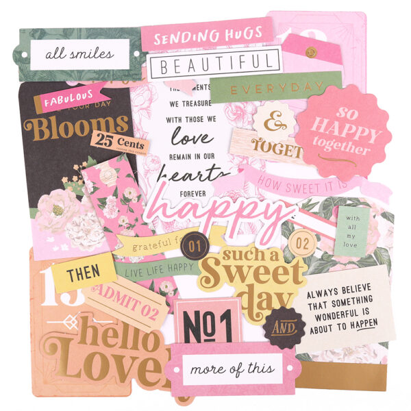cardstock diecut ephemera and pieces, phrases, sayings and sentiments, scrapbooking and paper-craft embellishments, pretty colours, bright and fun, from Primavera by Rosie's Studio. seeing hugs. so happy together. such a sweet day. live life happy. with all my love.