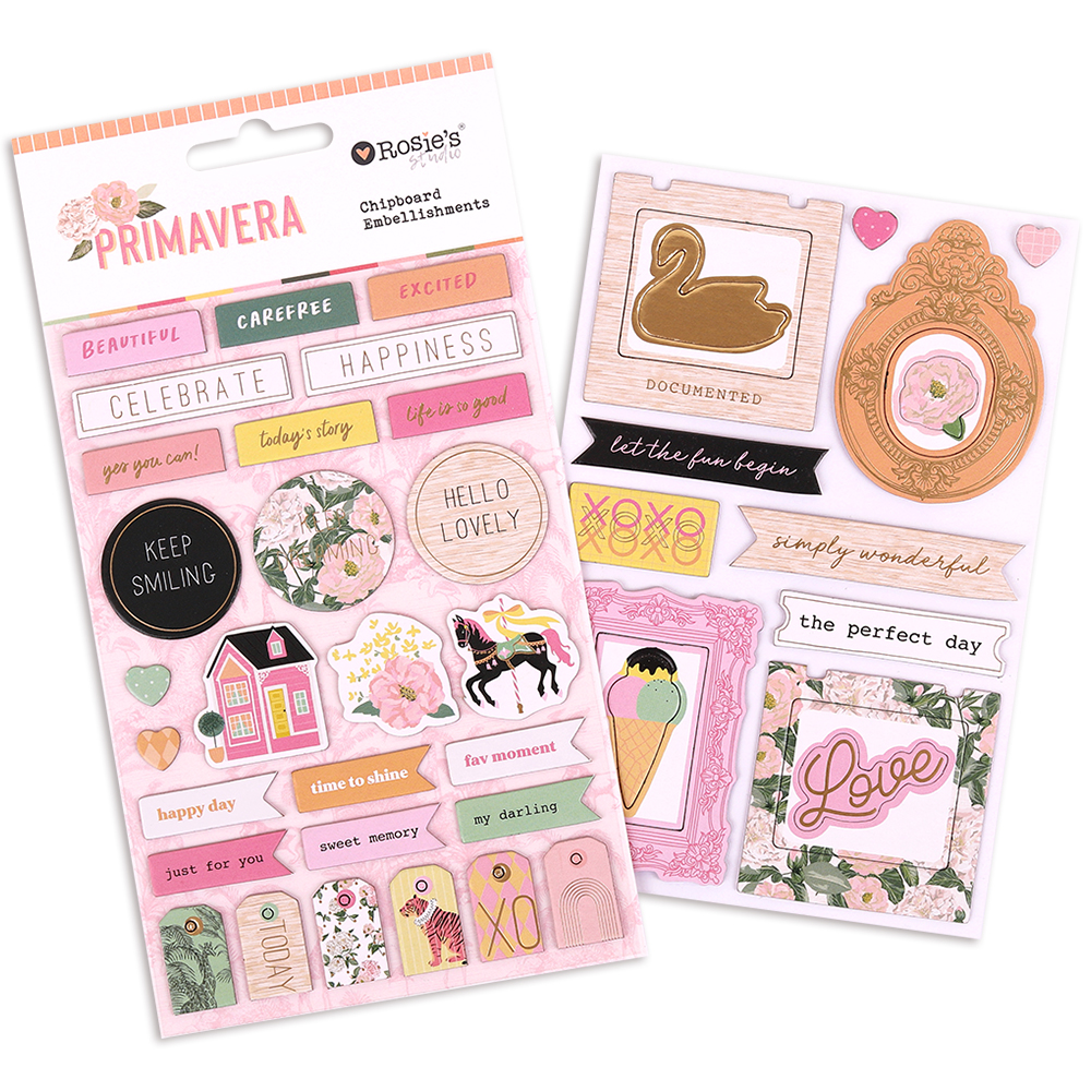 chipboard stickers scrapbooking and paper-craft embellishments, pretty colours, bright and fun, from Primavera by Rosie's Studio