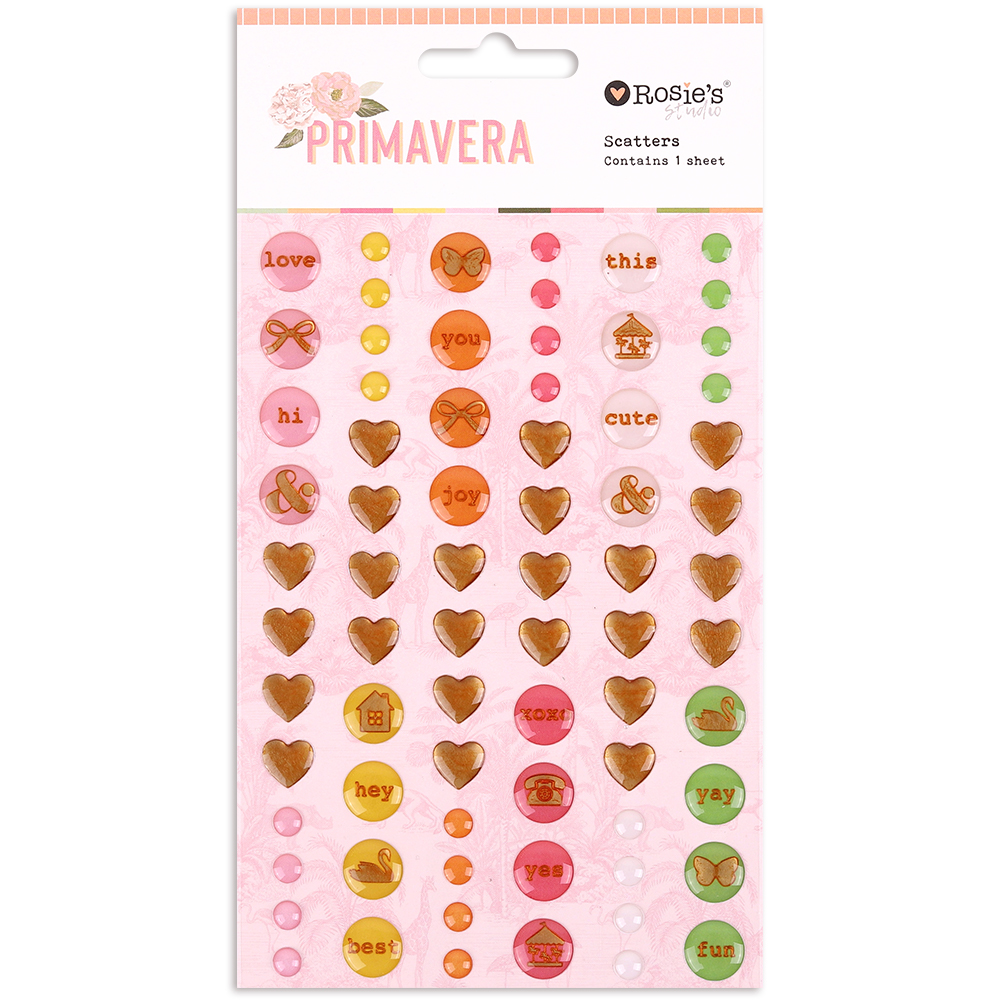 epoxy scatter scrapbooking and paper-craft embellishments, pretty colours, bright and fun, from Primavera by Rosie's Studio