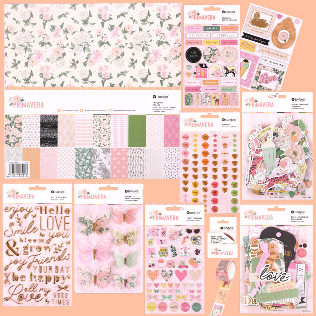 Primavera collection scrapbooking products by Rosie's Studio, save 20% off when buying the value bundle.
