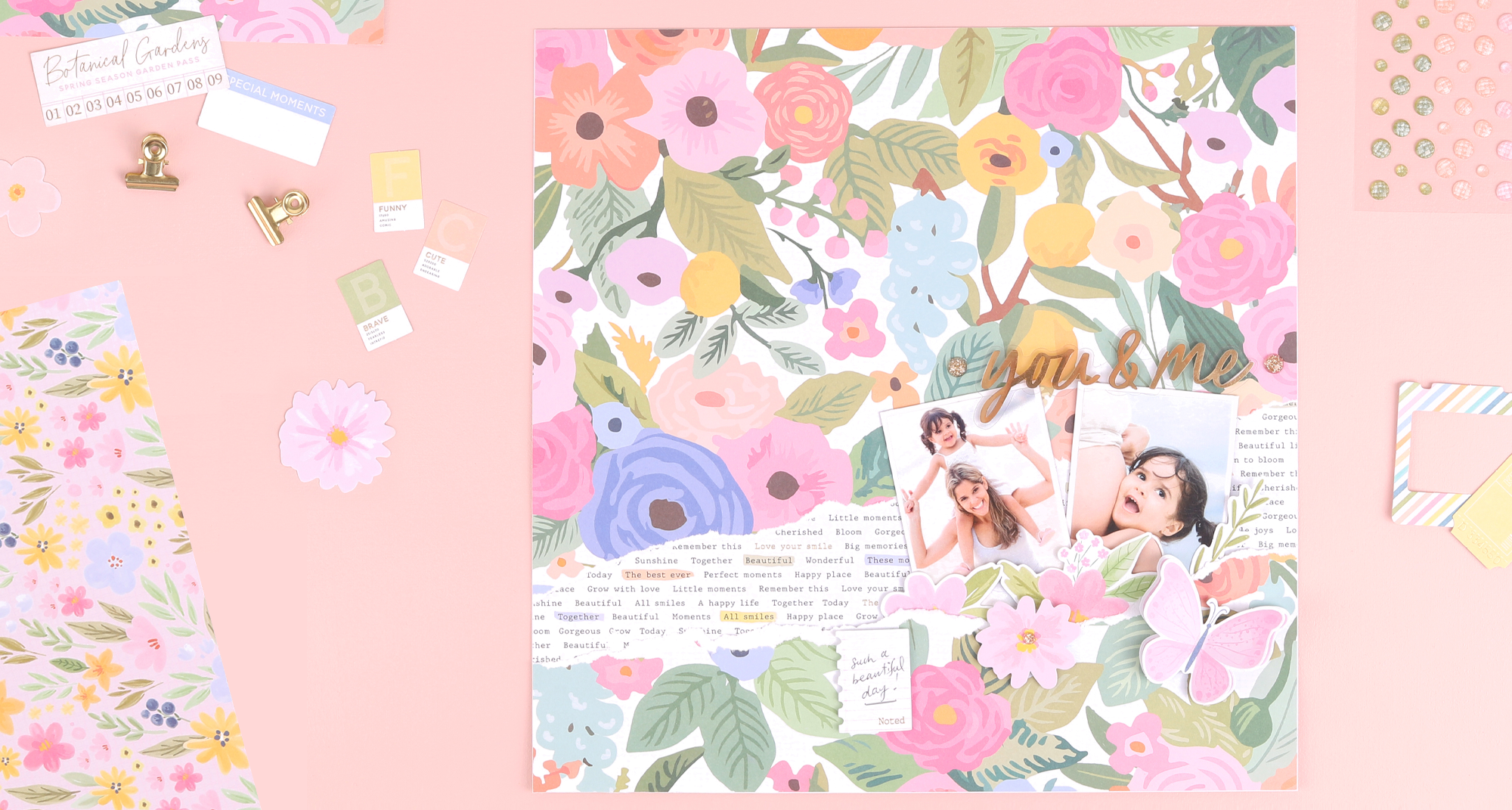 Rosie's Studio Born to Bloom collection, scrapbook 12x12 layout using big bold florals and minimal ephemeral embellishments.