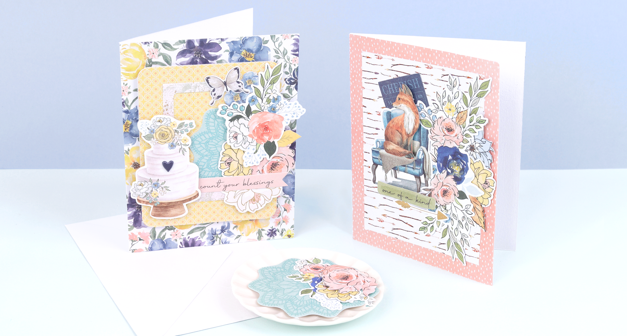 Rosie's Studio Wildwood, handmade cards using 12x12 papers and cardstock ephemera featuring foxes and florals, woodsy rustic theme.