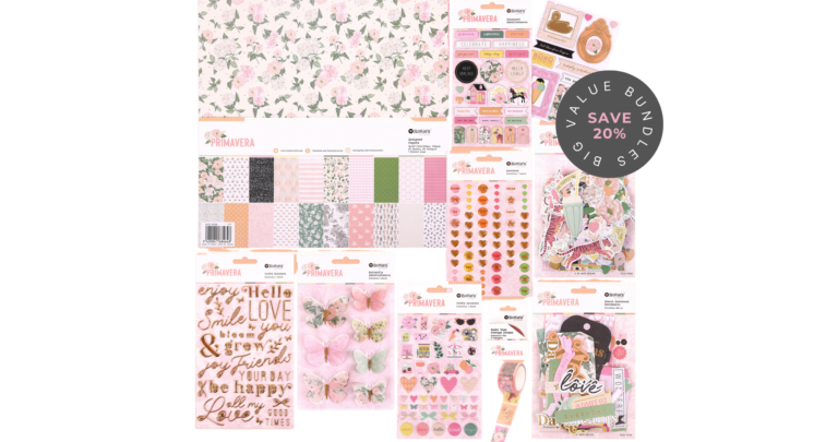 Primavera collection scrapbooking products by Rosie's Studio, save 20% off when buying the value bundle.