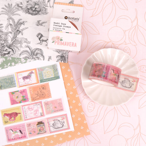 washi stamp scrapbooking embellishments, pretty floral and exotic animal theme from Primavera by Rosie's Studio. Showing designer patterned 12 x 12 papers.