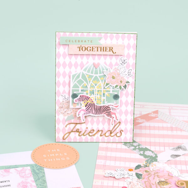 hand-made twist and pop friendship card by Tracy Britton using Primavera by Rosie's Studio. Showcasing zebra ephemera and a glasshouse and florals along with 12 x 12 papers