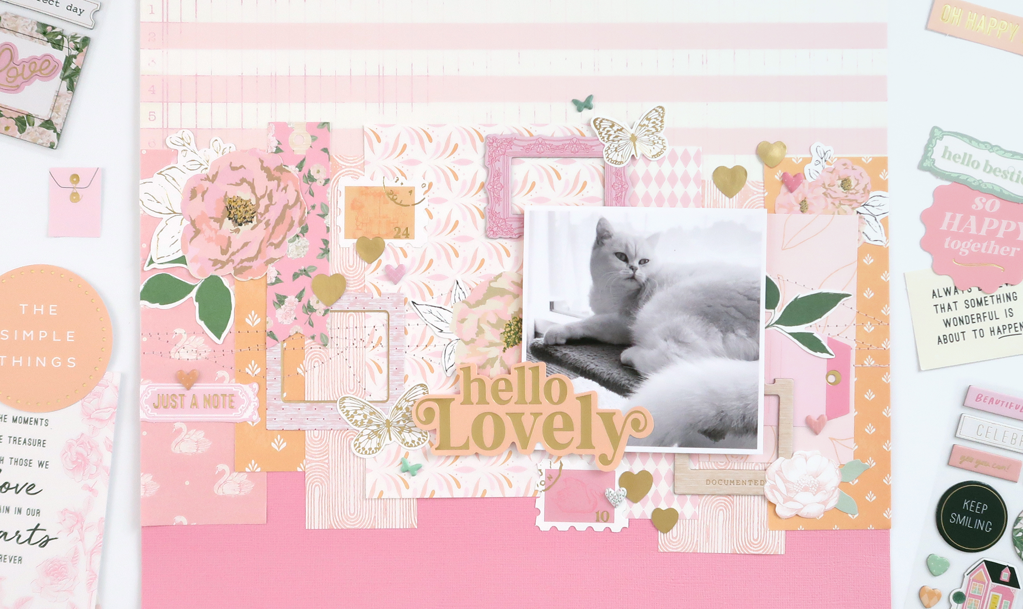 Rosie's Studio Primavera Collection, scrapbook 12x12 layout using 12x12 papers, cardstock ephemera and Dee's beloved cat. Features Butterflies and peony roses and stamps from washing tape.