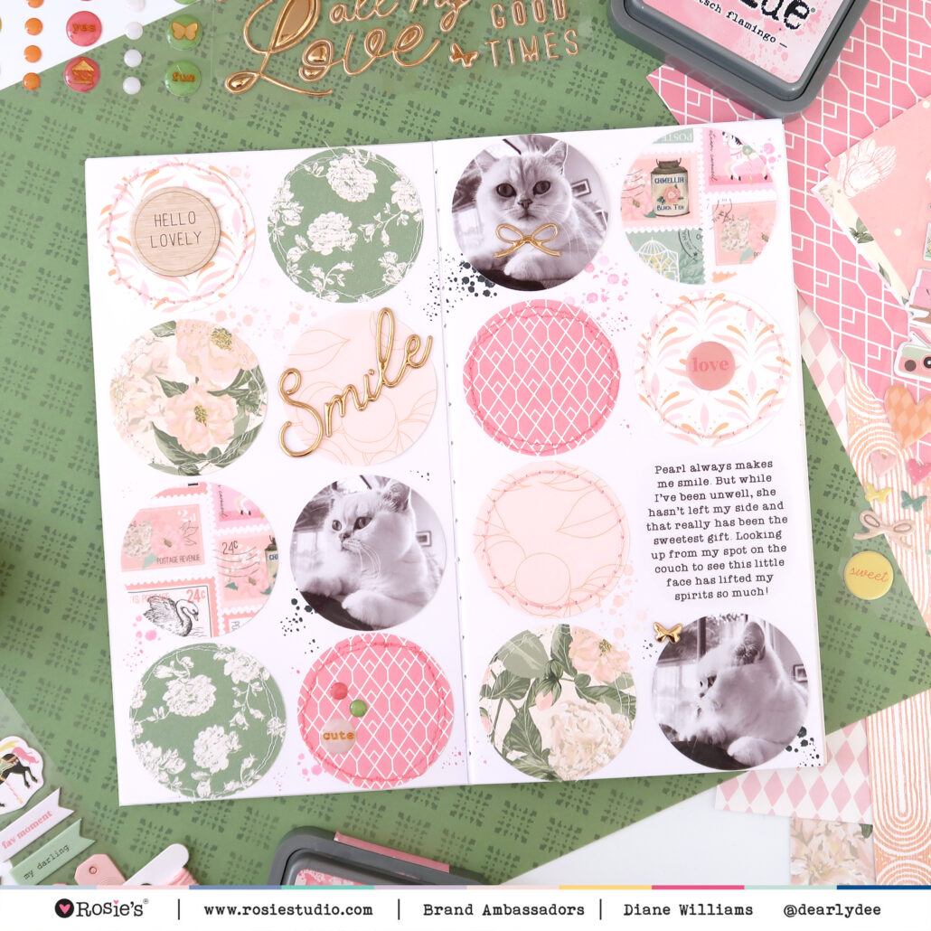 hand-made paper-craft scrapbooking layout by Diane Williams (Dearly Dee) using Primavera by Rosie's Studio. Showcasing machine stitching, diecut cardstock ephemera sentiments, puffy stickers and phrases, with 12 x 12 papers and her British Shorthair cat Pearl